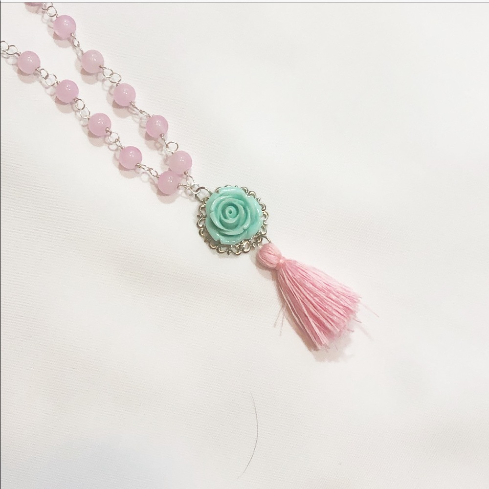 SILVER, PASTEL PINK, MINT GREEN TASSEL NECKLACE